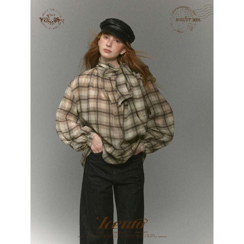 Iceiito* Laurel Tree* Vintage French Style 100 High-Thread-Count Ramie Printed Plaid Niche Ribbon Shirt