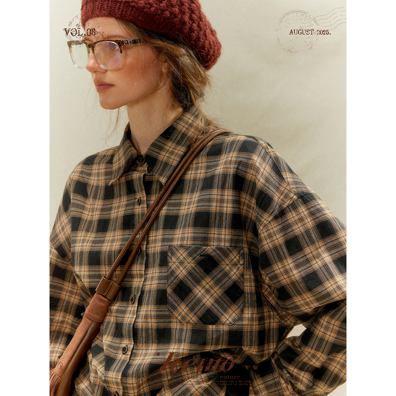 Iceiito*Masswen*Retro Light Brown Plaid Lapel Basic Versatile Long-Sleeved Shirt