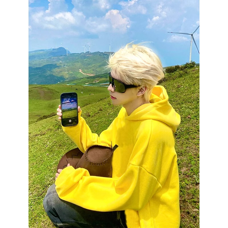 Plus Size 150kg American-Style Yellow Sweatshirt for Men, Spring and Autumn Hoodie, High-End, Sunny and Clean Look, Men's Outerwear Plus Size 150kg American-Style Yellow Sweatshirt for Men, Spring and Autumn Hoodie, High-End, Sunny and Clean Look, Men's Outerwear