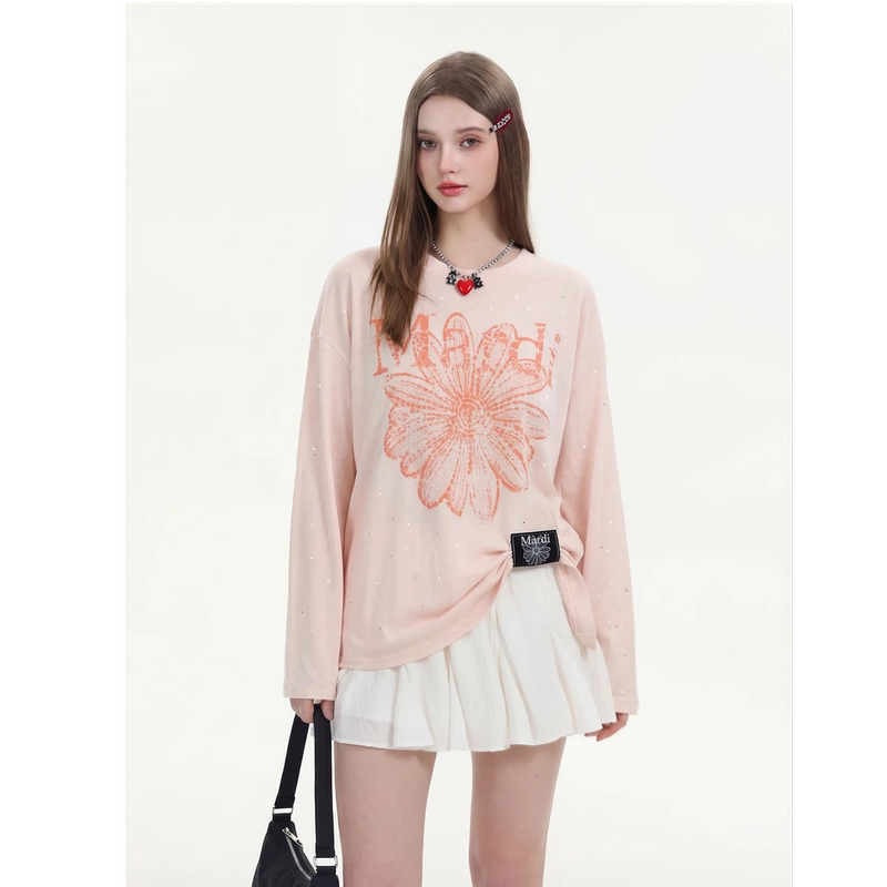 Mardi Korean Style Light Luxury Versatile Daisy Round Neck Long-Sleeve Top 2026 Spring/Summer New Casual Loose T-Shirt Blouse