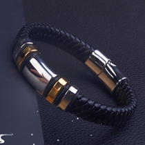 Classic Black Leather Wrap Bracelet for Men Metal Magnetic C