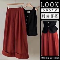 This years popular summer niche design versatile suit vest vest top red wide-leg pants two-piece set for women