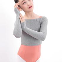 One-line collar knitted practice pullover small sweater coat black dance top outer dance wear girls long sleeves
