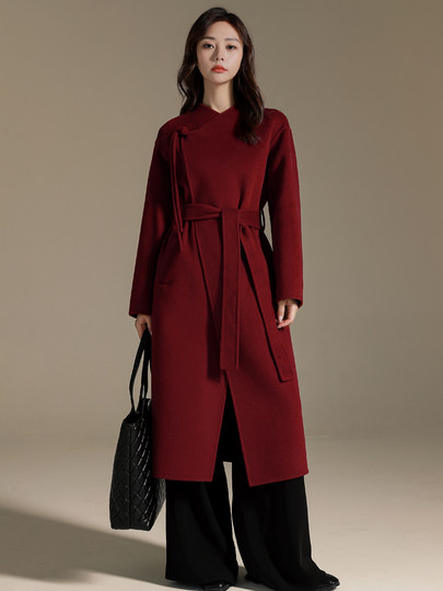 New Chinese style Ancora red cashmere coat jacket 2024 autumn and winter new style plate buckle double-sided woolen high-end coat for women