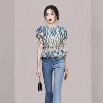 Ink painting printed womens shirt 2024 summer new model fashionable round neck temperament waist ruffled top for ladies
