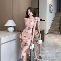 Gentle style retro rose print mesh dress 2023 new summer style temperament slim hip pencil skirt