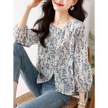 Blue flower pure cotton shirt womens three-quarter sleeve summer dress new floral chic age-reducing shirt top