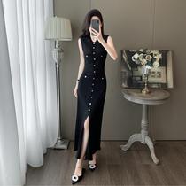 French style ladys sleeveless knitted dress 2024 summer new style ladys hollow slit womens one-step skirt