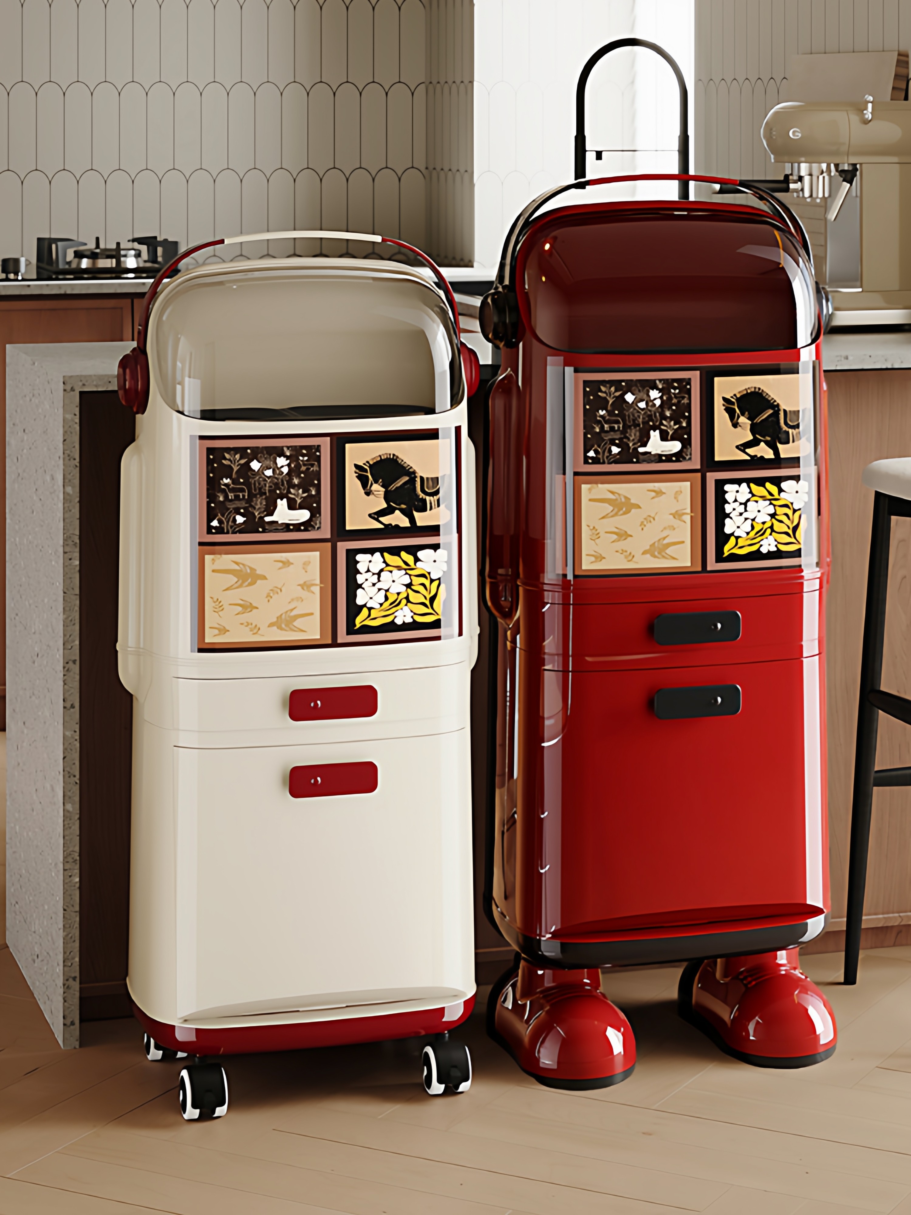 Large Kitchen Trash Can for Home Use with Lid, Double-Layer Integrated, Odor-Proof, Double-Layer Separation for Dry and Wet Waste, Vintage Style