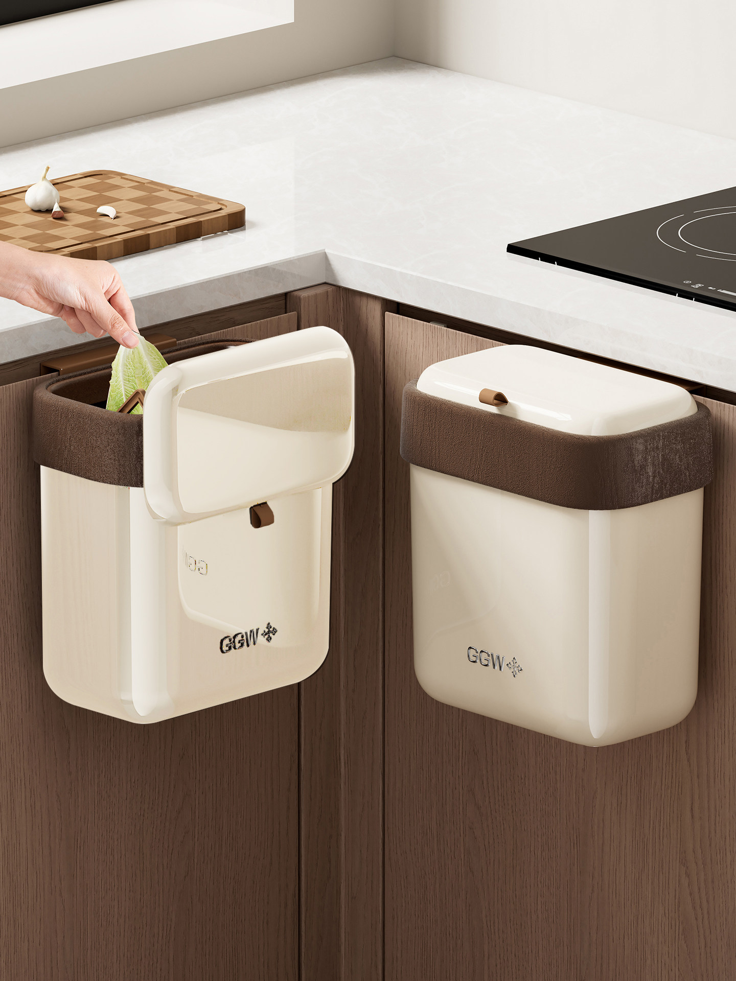 Wood Grain Kitchen Trash Can with Lid, Wall-Mounted for Home Use, High Aesthetic Value, No Need to Bend Over, Large Size, Specifically for Kitchen Waste