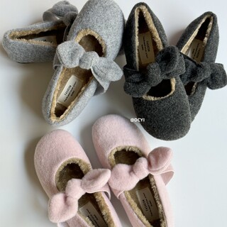 DCYI灰色蝴蝶结加绒毛毛鞋外穿秋冬保暖平底单鞋豆豆鞋玛丽珍棉鞋
