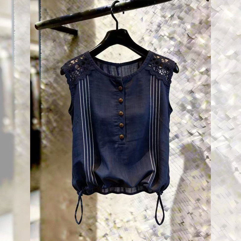 French-Style Versatile Sleeveless Shirt for Women, 2026 Summer New Model, Navy Blue Lace Button Drawstring Slim-Fit Top French-Style Versatile Sleeveless Shirt for Women, 2026 Summer New Model, Navy Blue Lace Button Drawstring Slim-Fit Top