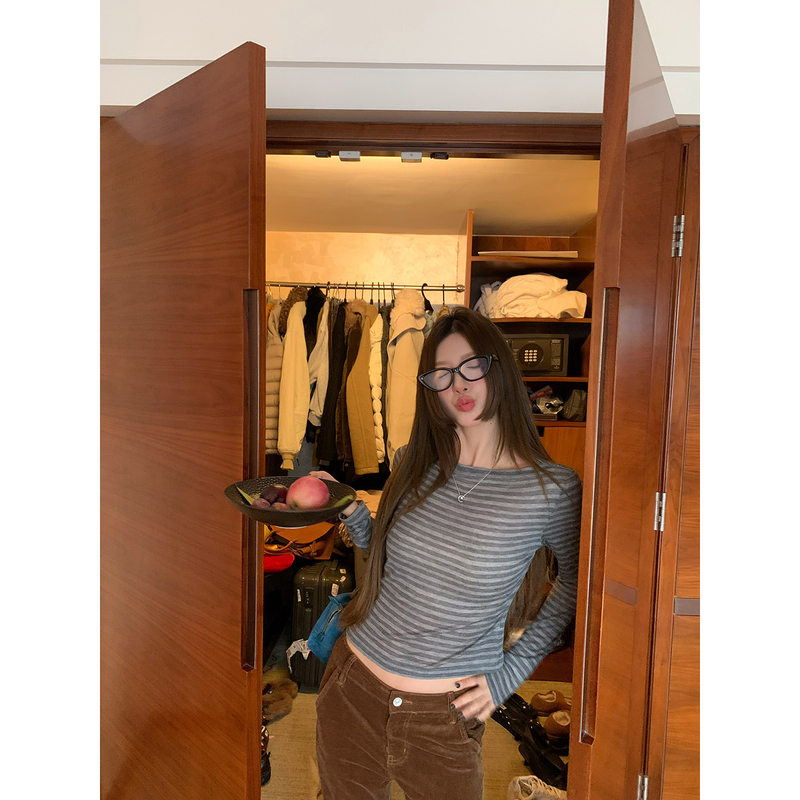 Braces-Style [Miu Series] Base Layer: Mulberry Silk Lyocell Striped Long-Sleeve Base Shirt, Off-Shoulder Slim-Fit T-Shirt