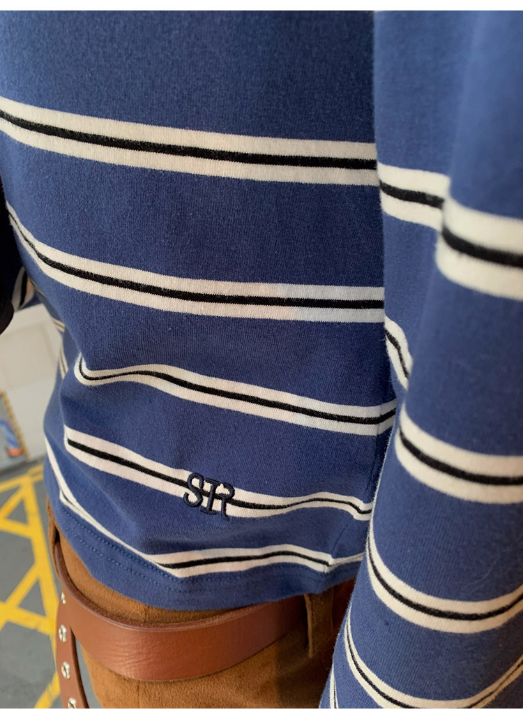 牙套大汪 【海魂2代】полосатая голова синяя осенняя новинка casual свободная стройнящая базовая футболка