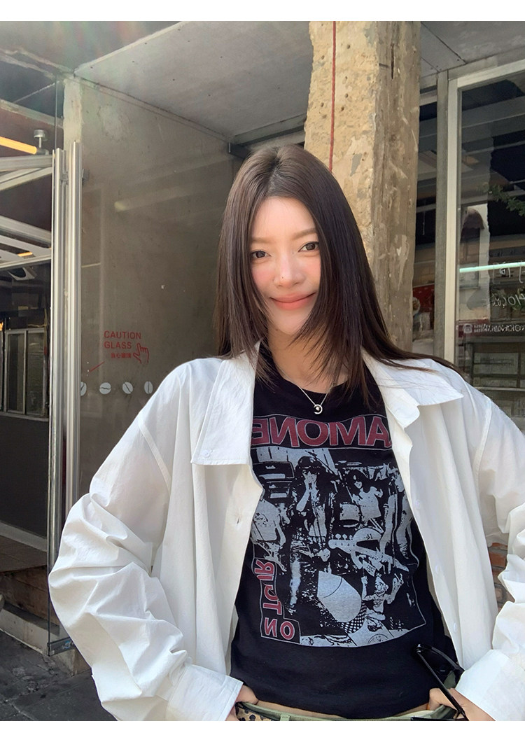 牙套大汪 【Ретро возвращение】 Американский ретро стиль рок контрастная печать прямые плечи приталенная футболка