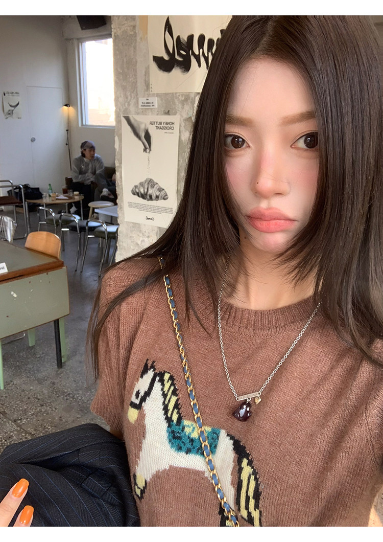 牙套大汪 【Мадридское детство】 Отличный состав! Двухцветный вязаный джемпер с короткими рукавами и жаккардовым узором пони