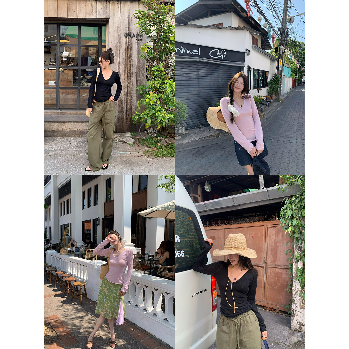 牙套大汪 【C位T】 полупрозрачная V-образный вырез приталенная стройнящая длинный рукав вязаная футболка