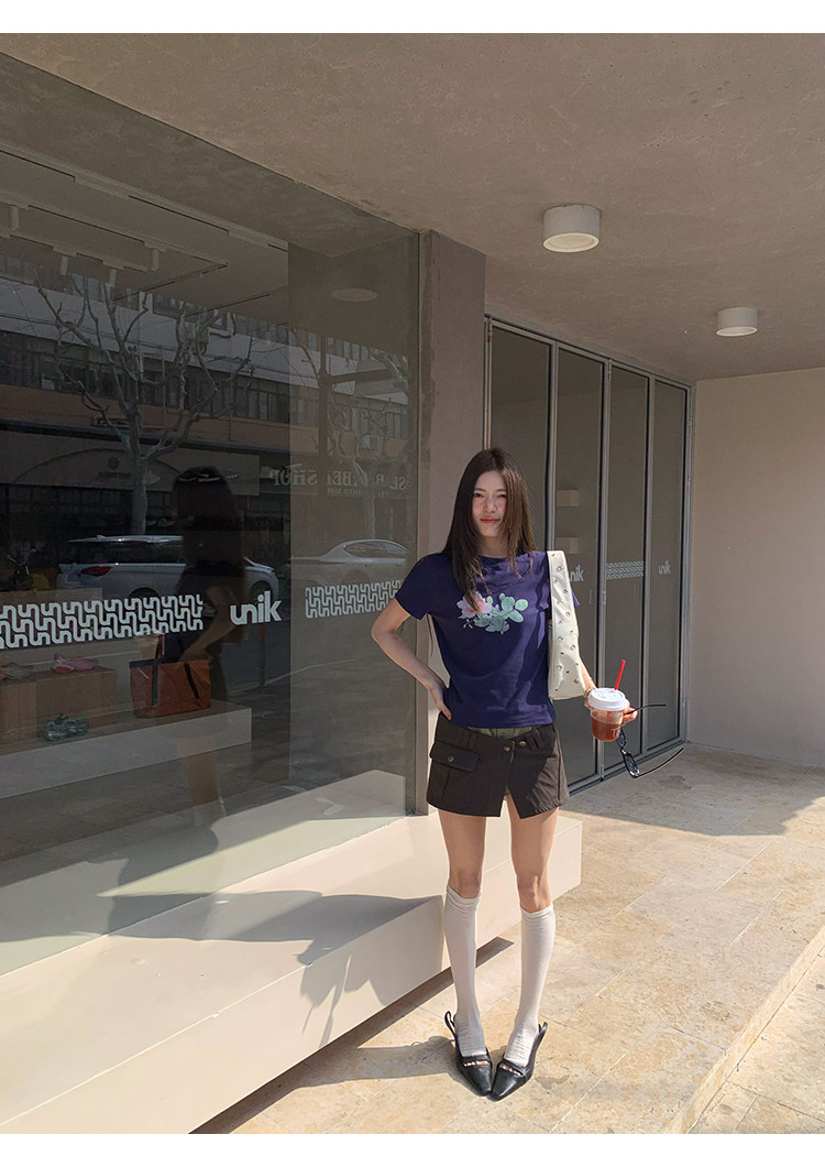 牙套大汪 【Розы! Розы】 Принтованная футболка с короткими рукавами летняя универсальная стройнящая блузка