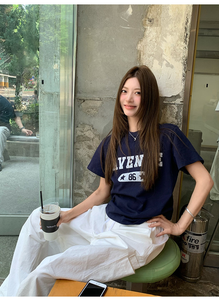 牙套大汪 Футболка с буквенным принтом, короткий рукав, 2 цвета