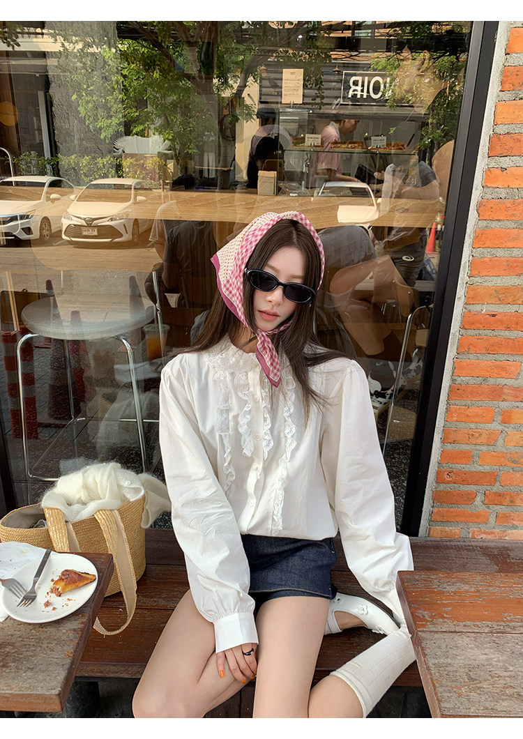 牙套大汪 【Французский белый лунный свет】 Винтажная рубашка с кружевным воротником и объемными рукавами в корейском стиле