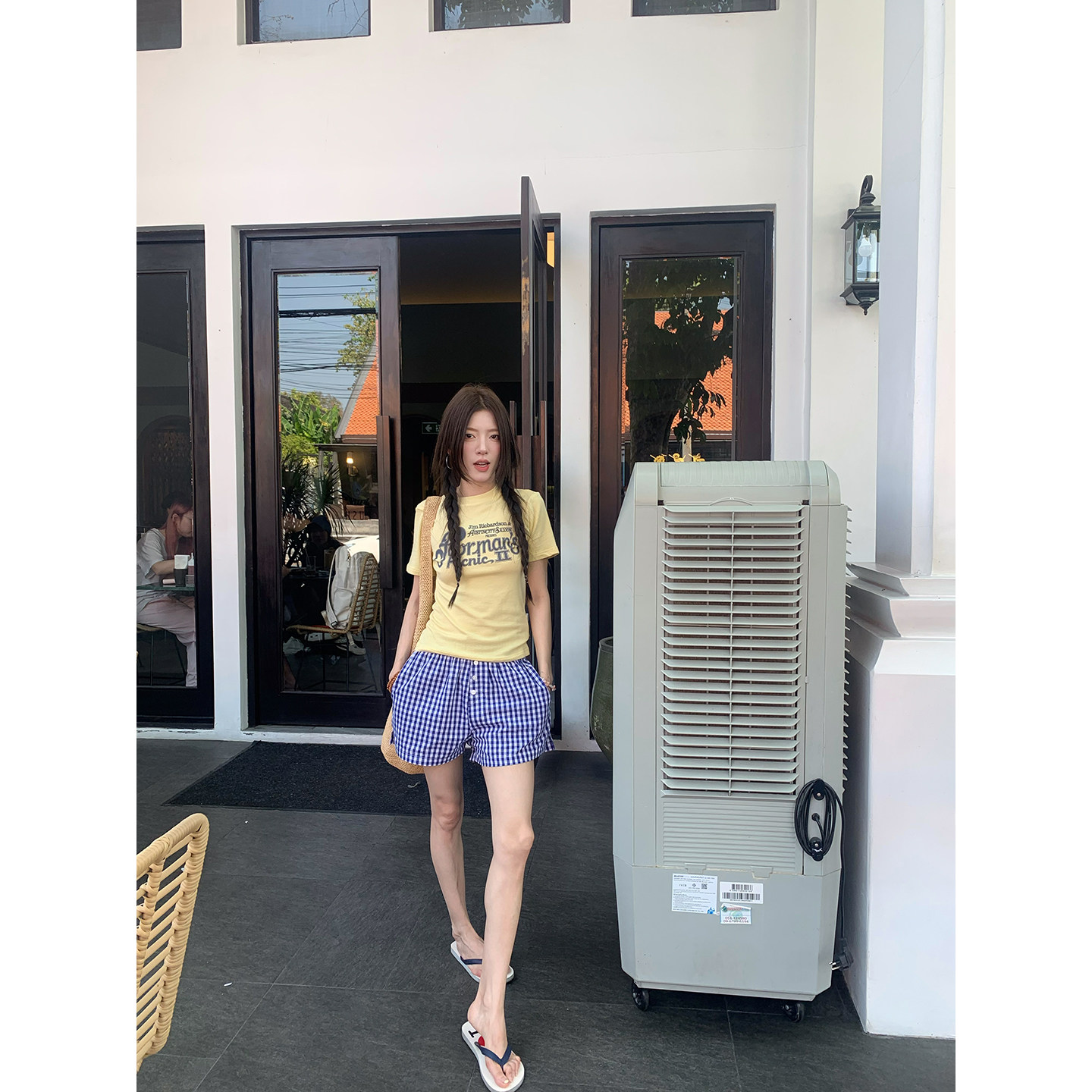 牙套大汪 корейские девичьи клетчатые повседневные шорты с эластичным поясом и пуговицами