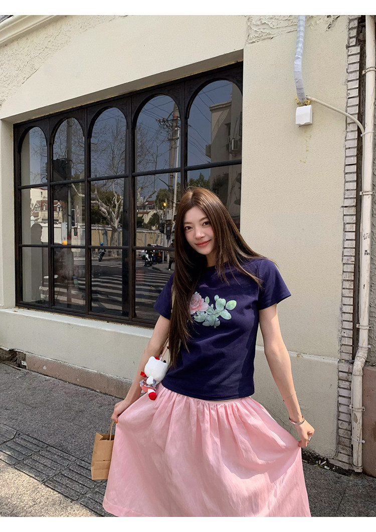 牙套大汪 【Розы! Розы】 Принтованная футболка с короткими рукавами летняя универсальная стройнящая блузка