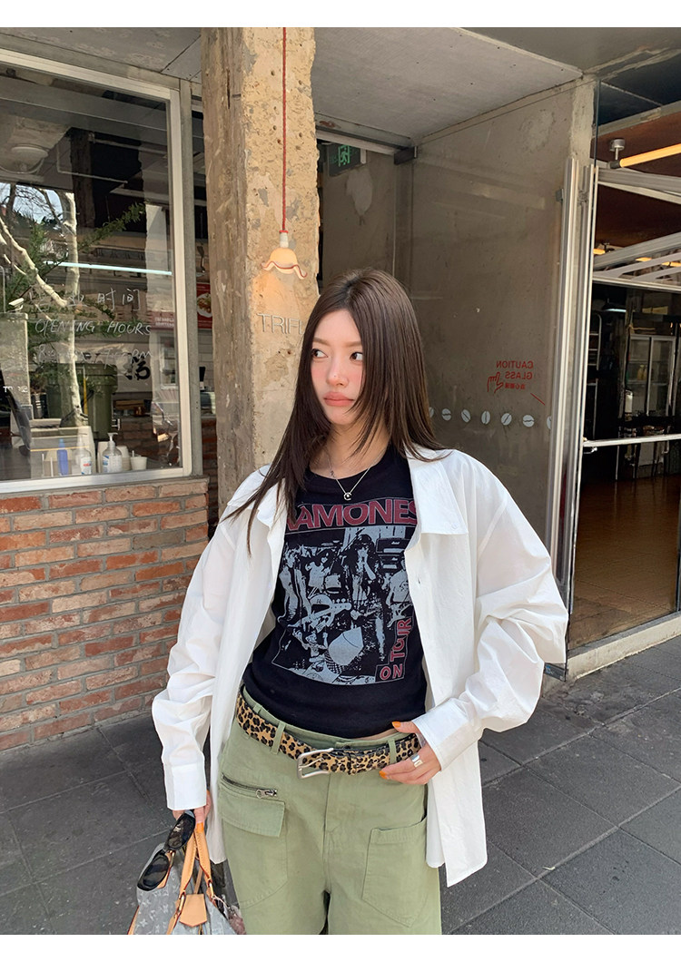 牙套大汪 【Ретро возвращение】 Американский ретро стиль рок контрастная печать прямые плечи приталенная футболка