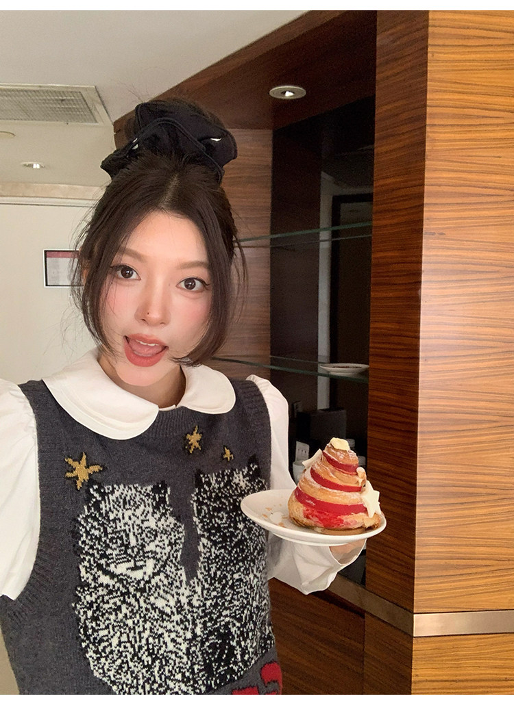 牙套大汪 【双轨女孩】 белая хлопковая рубашка с широкой планкой, складками и воротником-стойкой в школьном стиле