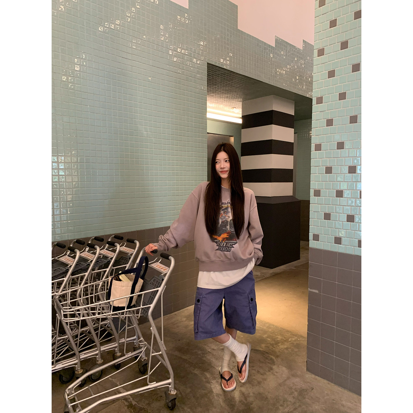 【小蓝莓】Плотные винтажные сине-фиолетовые свободные капри с большими карманами