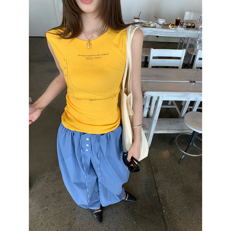 Braces-Style [Mango Pudding] Simple Round-Neck Tank Top, Slim Fit, Waist-Cinching, Everyday Slimming Sleeveless Inner Wear