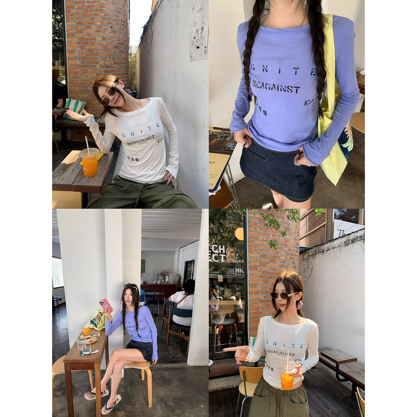 牙套大汪 【Basic Fashionista】 Состаренная футболка с длинными рукавами с потертым принтом букв