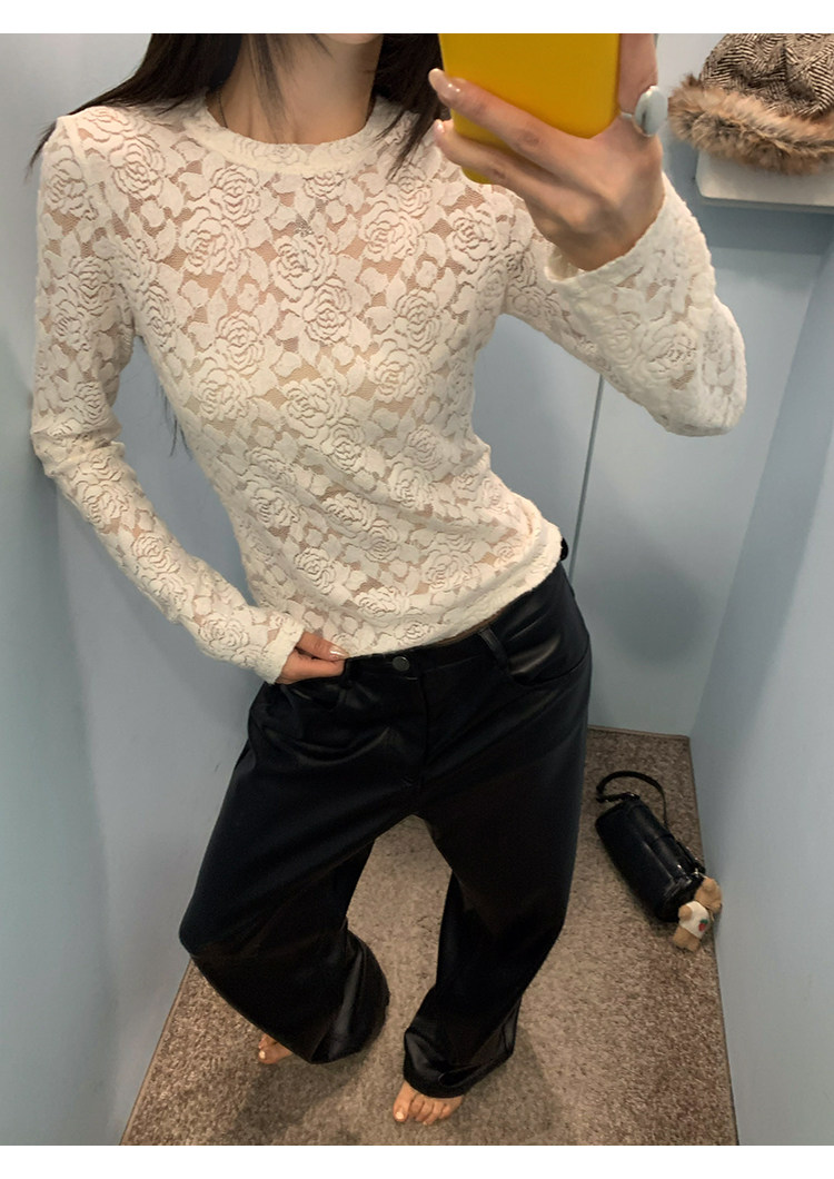 牙套大汪【岛屿花】Кружевная блузка с цветочным принтом женская базовая с длинным рукавом приталенная