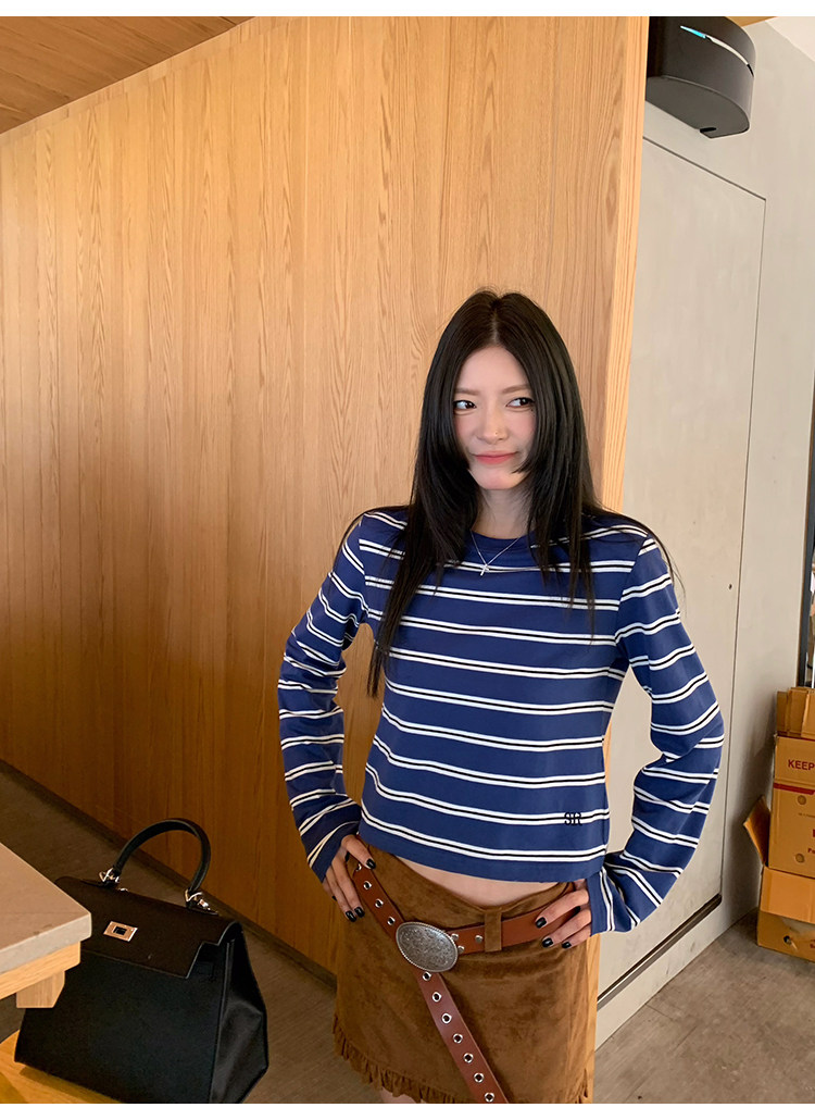 牙套大汪 【海魂2代】полосатая голова синяя осенняя новинка casual свободная стройнящая базовая футболка