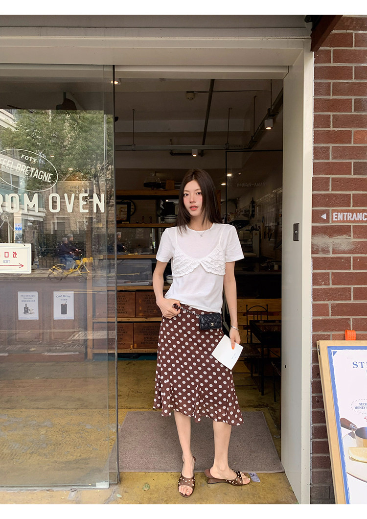 牙套大汪【邂逅西西里】Топ на бретельках с бантом + юбка с рыбьим хвостом в горошек с кружевной талией + ленты