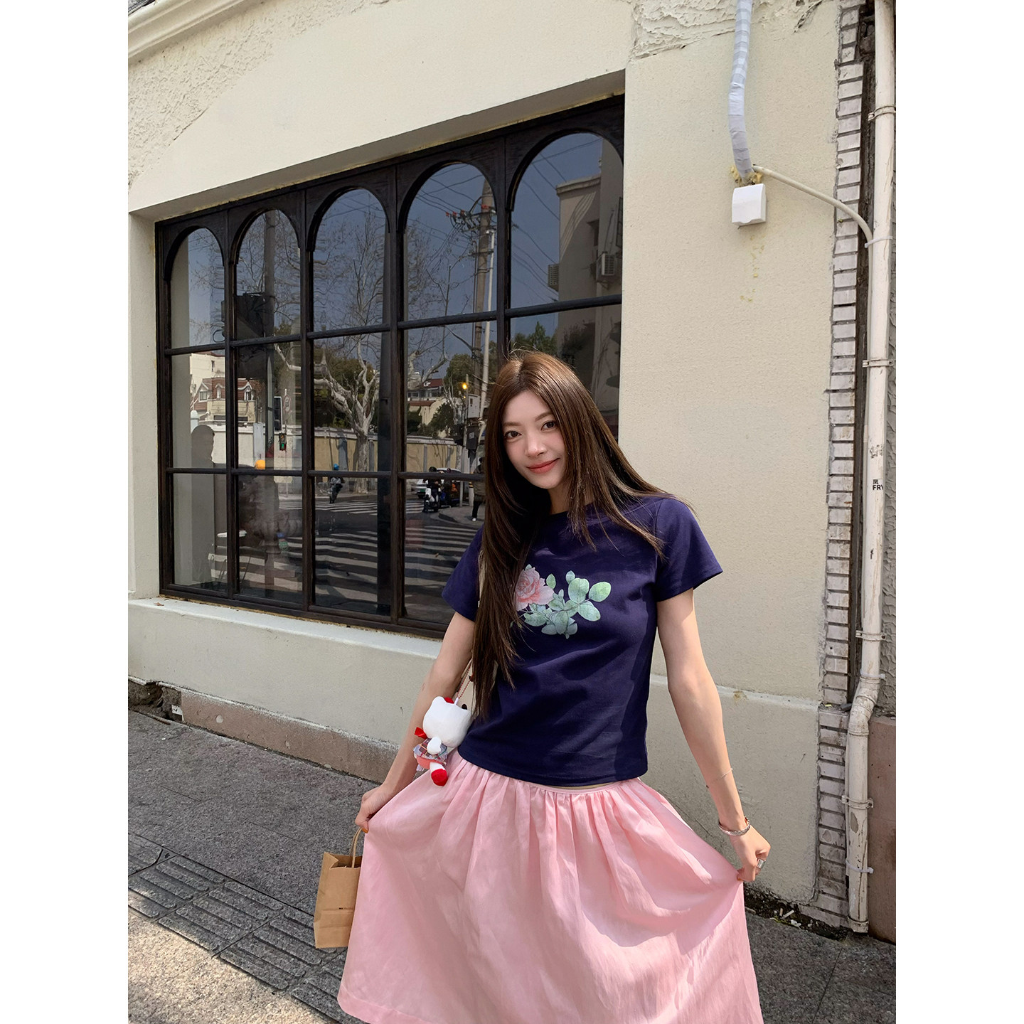 牙套大汪 【Розы! Розы】 Принтованная футболка с короткими рукавами летняя универсальная стройнящая блузка