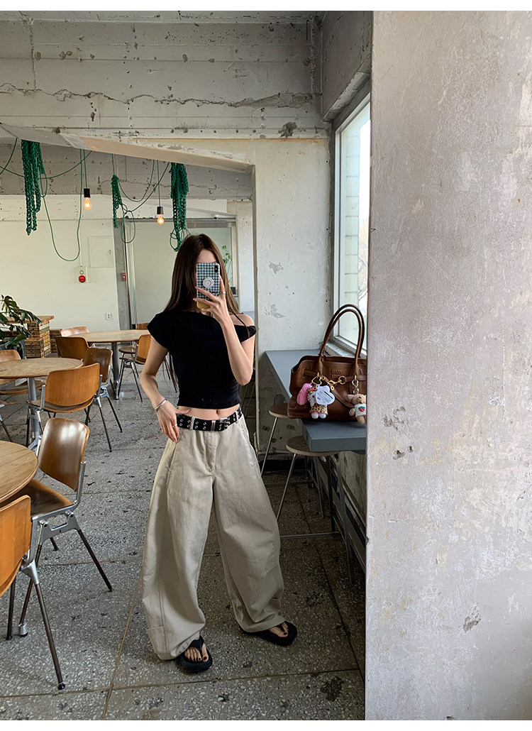 牙套大汪 【洛杉矶】 женские прямые брюки с драпировкой светло-бежевые широкие