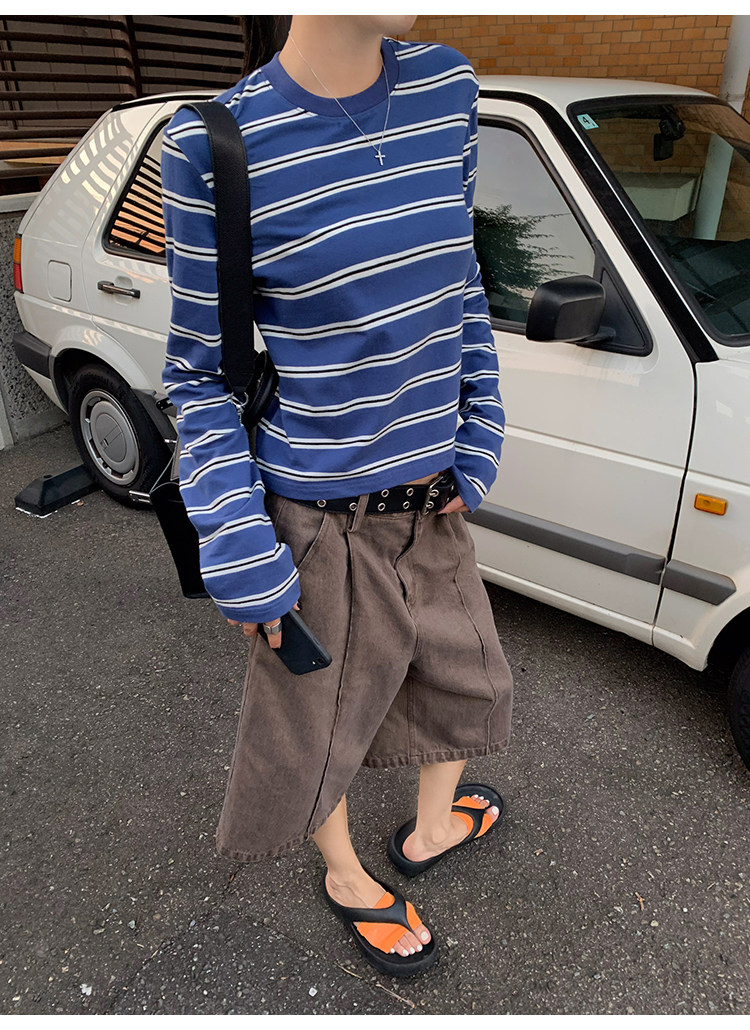 牙套大汪 【海魂2代】полосатая голова синяя осенняя новинка casual свободная стройнящая базовая футболка