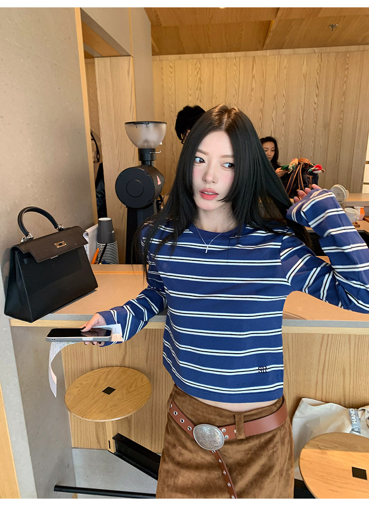 牙套大汪 【海魂2代】полосатая голова синяя осенняя новинка casual свободная стройнящая базовая футболка