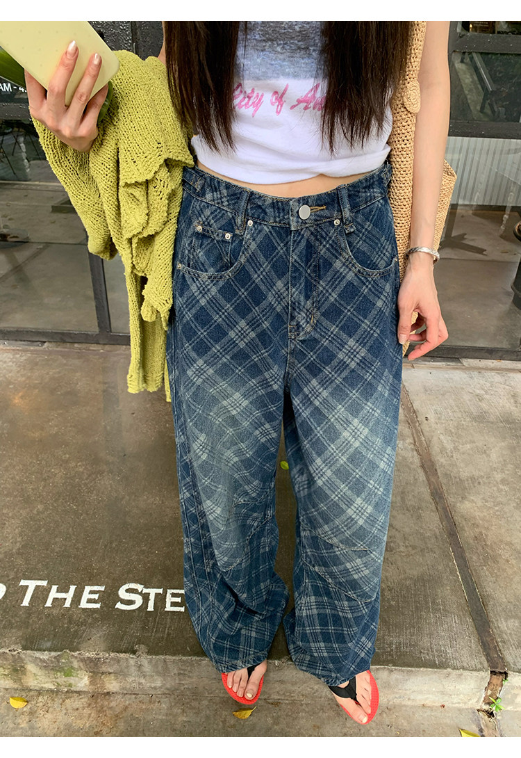 【星期八】Американские ретро клетчатые уличные джинсы с леопардовыми карманами 2026, новая модель широких универсальных повседневных джинсов