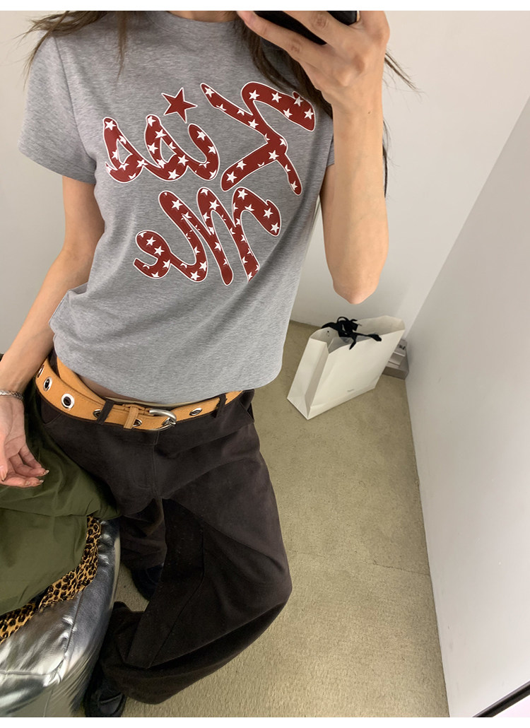 牙套大汪【kissme】Женская хлопковая футболка с рождественским красным принтом в американском ретро стиле