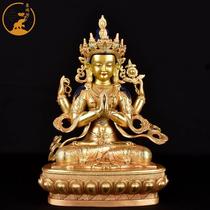 Guanyin Bodhisattva Tibetan Tantric Buddha statue 7-inch pure copper fully gilded four-armed Guanyin Buddha statue safe and sound Buddha statue