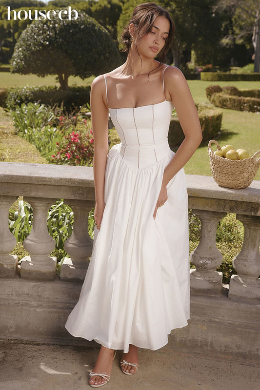 House of Cb Super Stylish and Elegant White Cotton Sundress with Waist Tie Ysabella