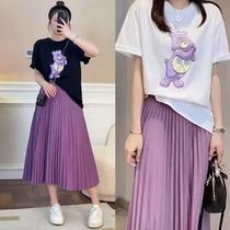 Single piece plus size womens bear t-shirt womens high-waisted skirt womens summer short-sleeved fat mm slimming body-covering temperament women