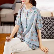 Plus size womens clothing 2023 summer new style fat mm retro ethnic style printed round neck shirt loose slimming tops for women