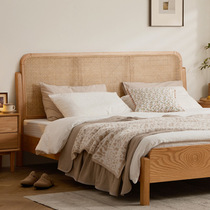 Bedroom low box double bed solid wood bed modern simple oak wood style small apartment bedroom rattan double bed