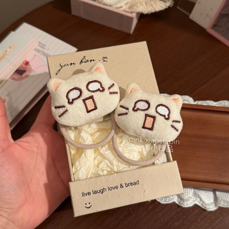 Cute Big-Eyed Crying Cat Thick Hair Tie Cartoon Expression Rubber Band Student Bun Hair Accessory Gift for Girls