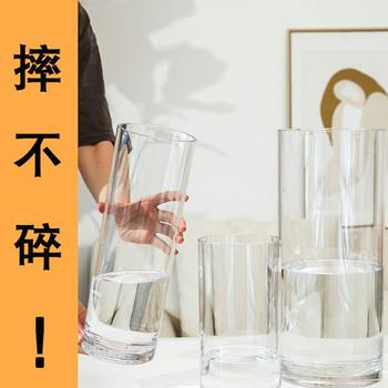 Borosilicate Straight Transparent Vase for Living Room, Shatter-Resistant, Wooden Stand, Glass Water Vase, Floor-Standing Flower Arrangement Vase, Simple and Tall