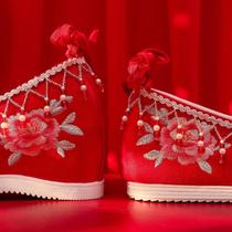 (Language of Flowers) Original Chinese Xiuhe Wedding Shoes Ancient Style Red Hanfu Bridal Wedding Shoes Womens Height Increase Embroidery