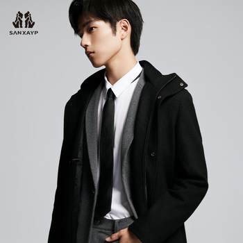 Upper and lower clothing autumn and winter men's woolen coat hooded mid-length goose down lining wool coat men's coat