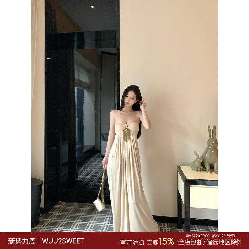 Wu Taitian Modal Tassel Pendant Strapless Dress Women's Slim Fit Flowy Elegant Vacation Style Long Dress Wu Taitian Modal Tassel Pendant Strapless Dress Women's Slim Fit Flowy Elegant Vacation Style Long Dress